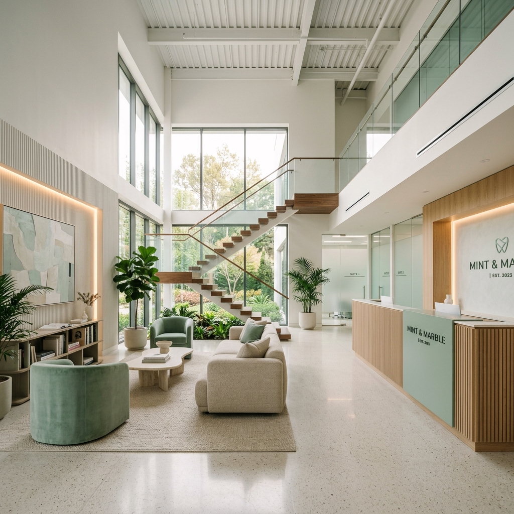 A wide angle, cinematic photograph of a high-end, minimalist dental clinic lobby.